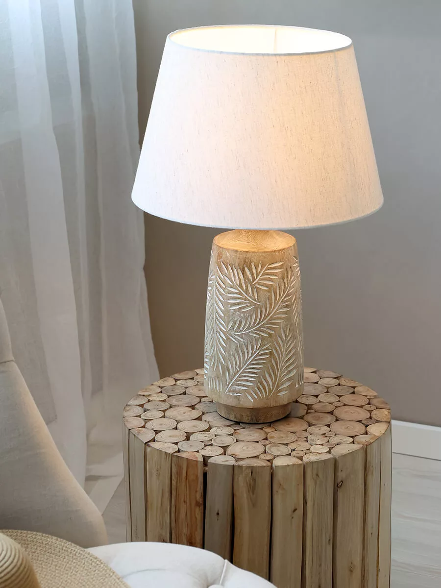 Lampă de masă cu bază din lemn 2 Lampă de masă cu bază din lemn și abajur din pânză