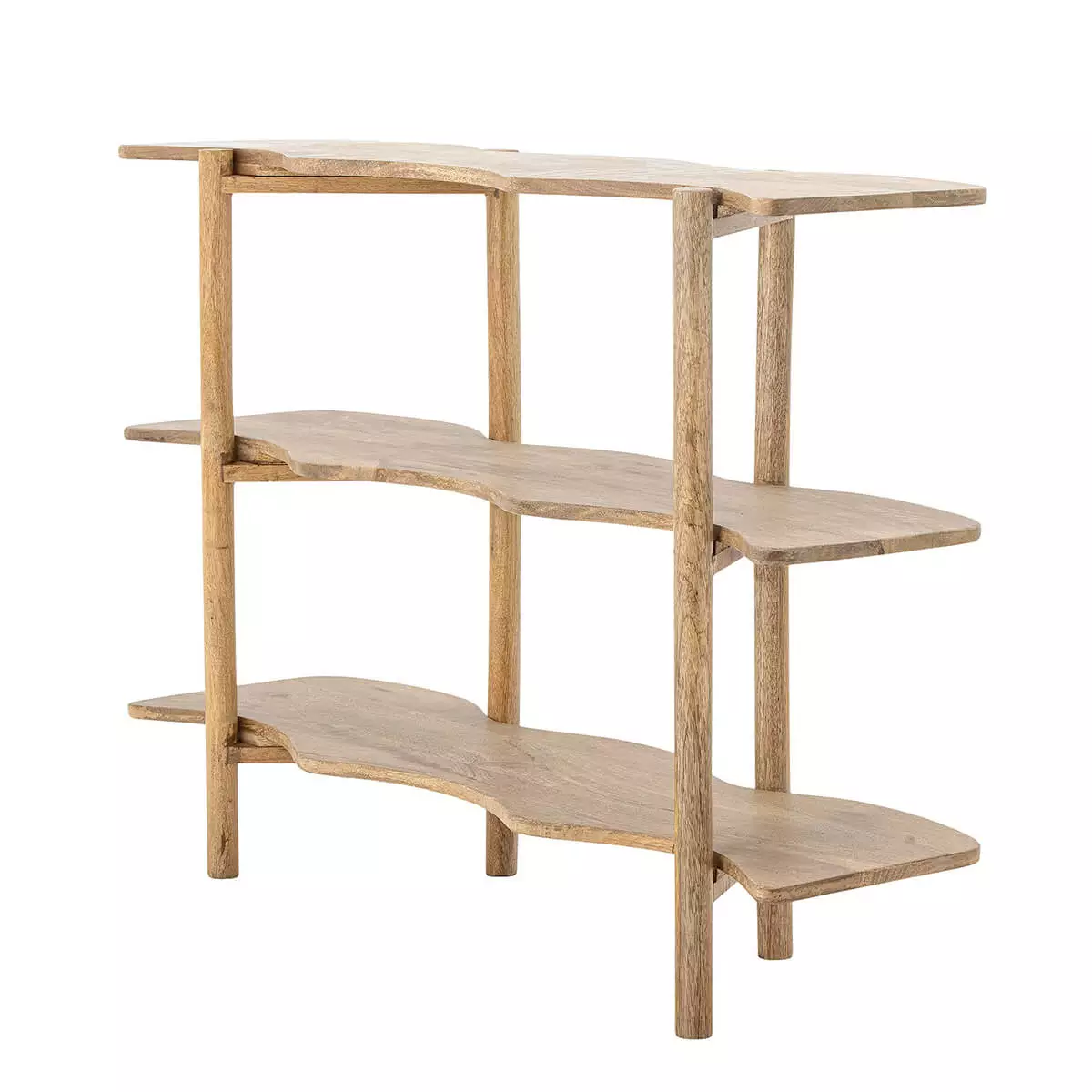 Bookcase made of mango wood in natural color with wavy shelves