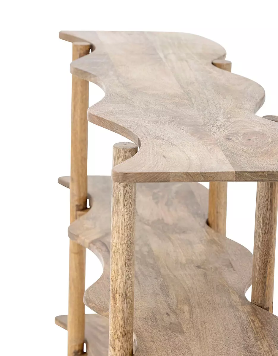 Bookcase made of mango wood in natural color with wavy shelves