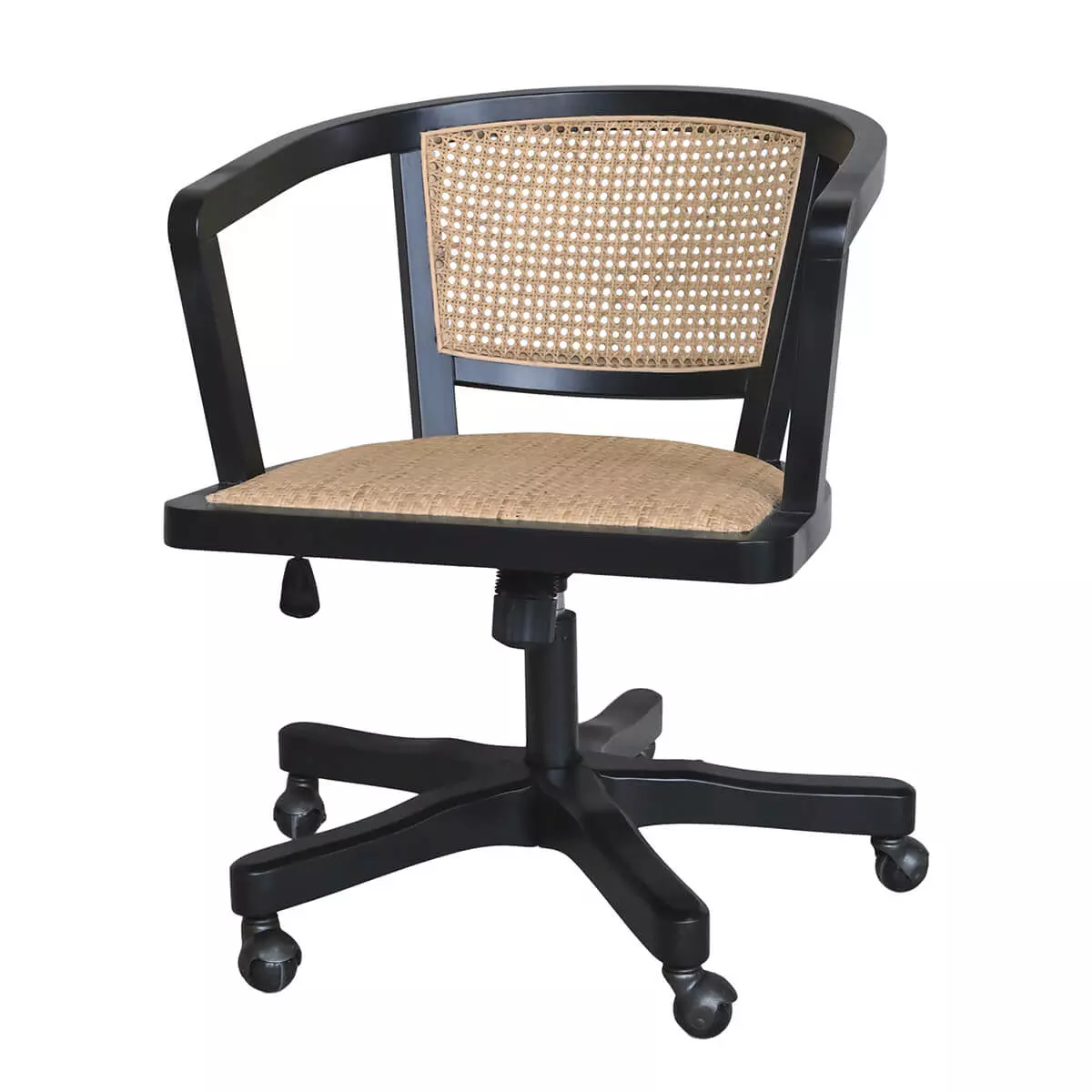 Schwarzer Bürostuhl mit Rattaneinsatz