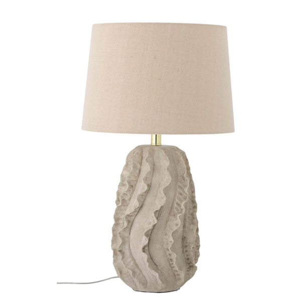 Lampa stołowa wykonana z kamionki w naturalnym kolorze z jasnym kloszem