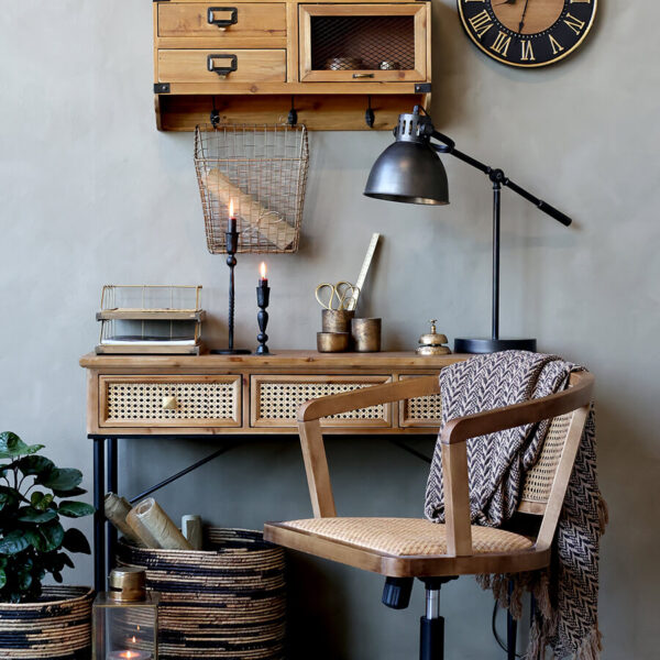Office chair on wheels made of birch wood with wicker seat - Chic Antique