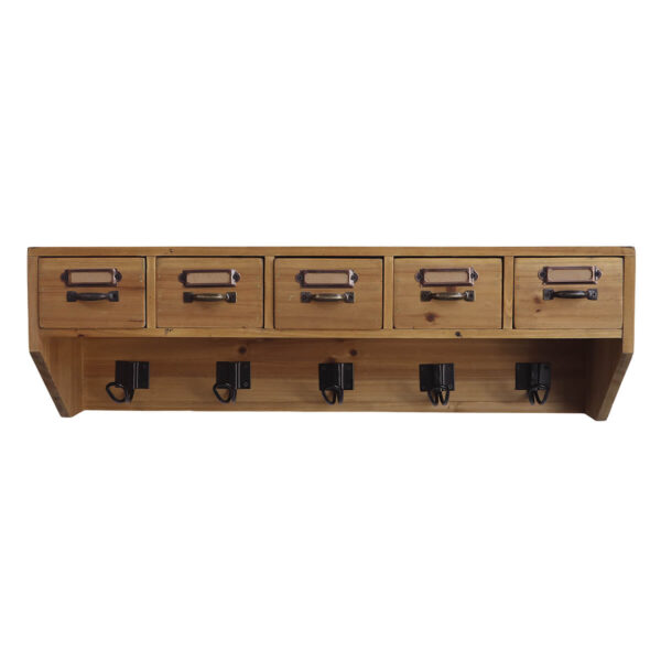 Shelf with 5 hooks made of wood